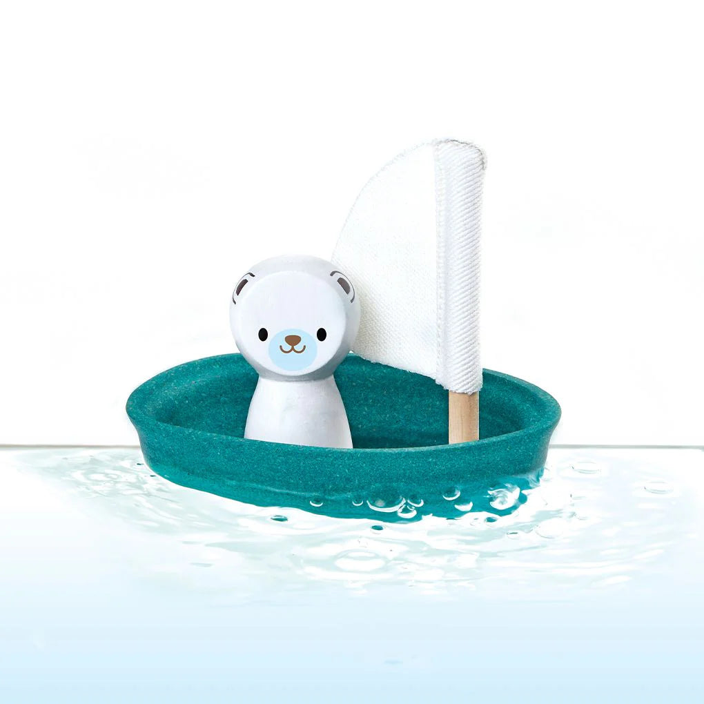 Plan Toys Rubberwood Sail Boat - Polar Bear | | Plan Toys | Little Acorn to Mighty Oaks