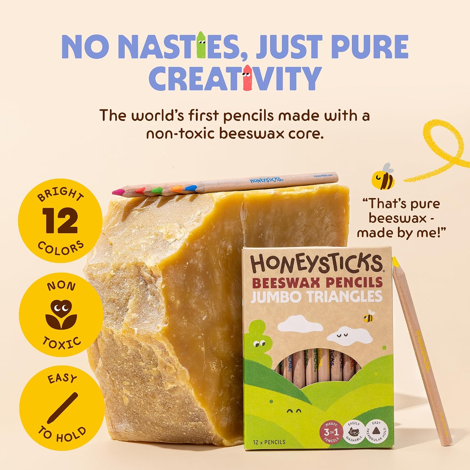 Honeysticks Magic 3-in-1 Beeswax Pencils Jumbo Triangles 12pk - Stage 3