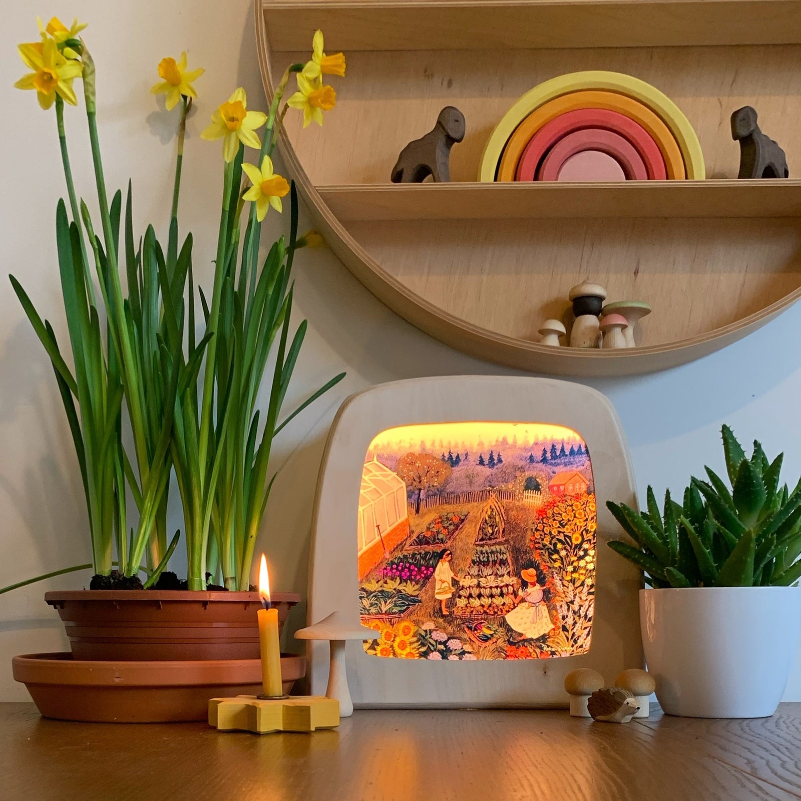Toverlux Lamp with a colorful display on a wooden table, surrounded by potted plants and a candle.